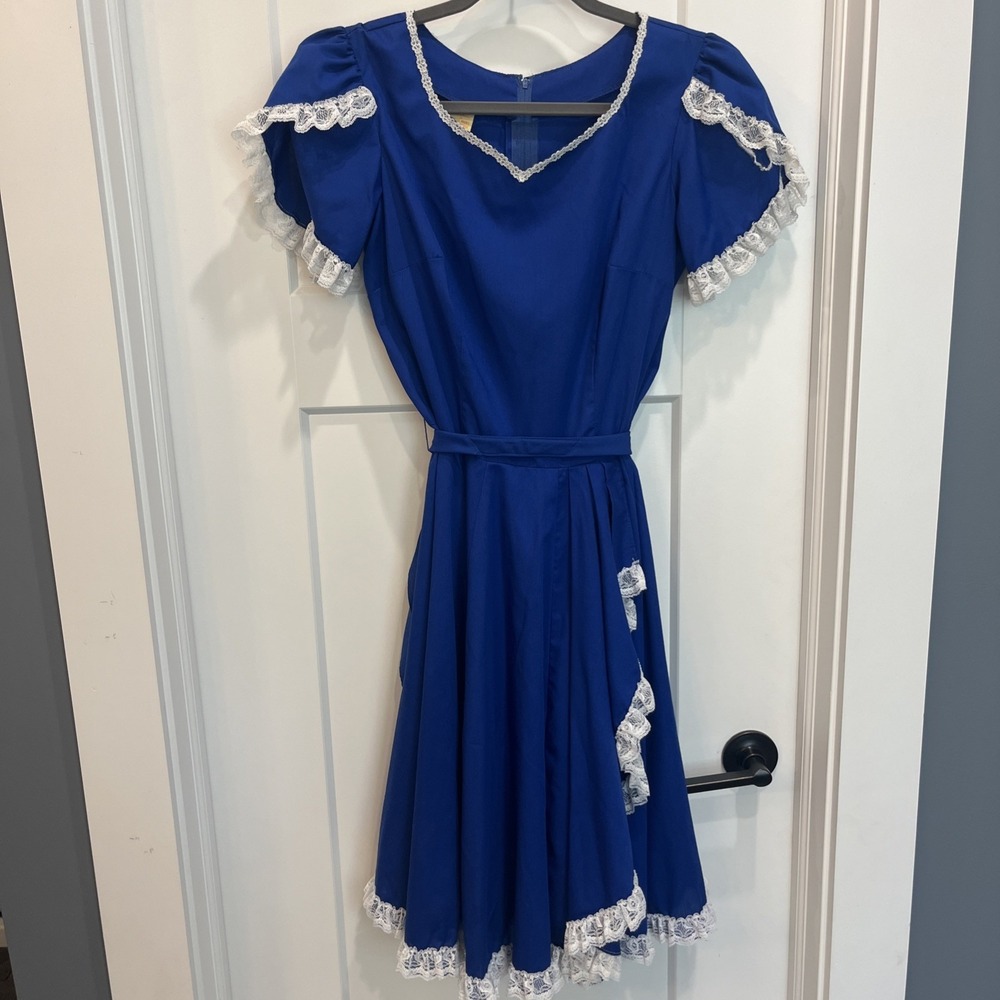Partners Please Malco Modes Blue White Lace Trim Dress Vtg Square Dance Sz 12